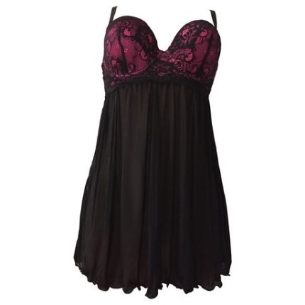 Sheer Padded Lace Bra Chemise - Black & Pink - S