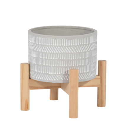 Trendy Flower Pot/Planter Elevated on Wooden Stand with Ethnic Design - L