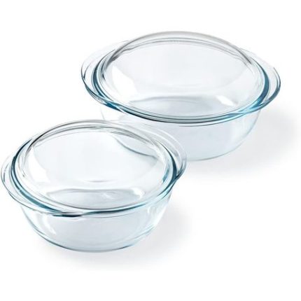 Homeware Round Glass Casserole Dish - Set of 2 - 1L