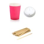 Colorful Coffee Cup Set: 50 Coffee cups with lid 250ml, 100 stirring sticks - Red