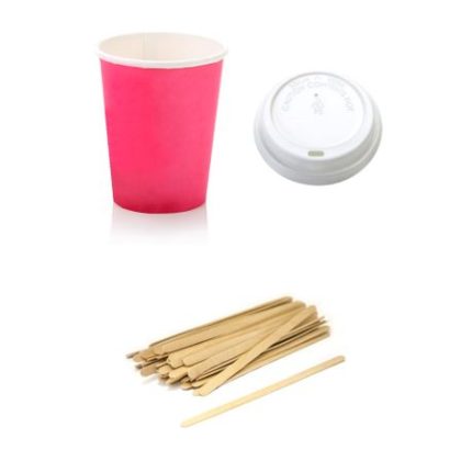 Colorful Coffee Cup Set: 50 Coffee cups with lid 250ml, 100 stirring sticks - Pink