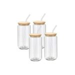 Clear Glass Drinking Can Shape Bottle with Bambo Lid and Glass Straw - 4 Pack