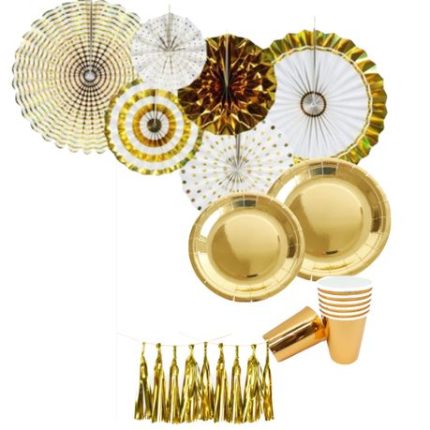 Party Disposable Paper Plates and Cup Set With Tassels & Decor - Silver
