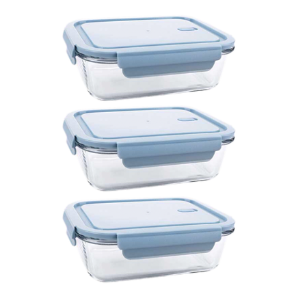 Leak-Proof Glass Food Containers - 1.04 Litre - 3 Pack - Blue
