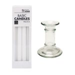 Candle Holder Glass 13cm Clear + 8pc White Candles 22.5cm