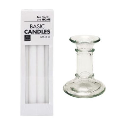 Candle Holder Glass 13cm Clear + 8pc White Candles 22.5cm