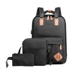 Vintage Three-Piece Laptop Backpack Set with USB Charging Port - Black
