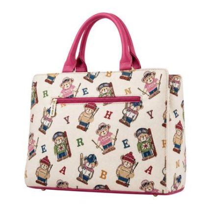 Cute Teddy Bear Print Ladies Tote Handbag with Pink Handles
