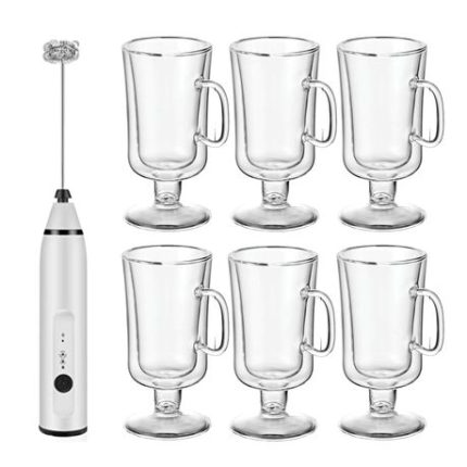 Glass Irish Coffee Mugs and Milk Frother - 6 Pack