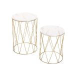 2-Piece Of Cylindrical Gold Metal Cage Side TableRound Portable End Table