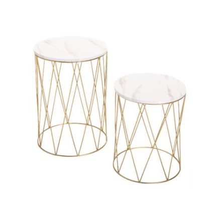 2-Piece Of Cylindrical Gold Metal Cage Side TableRound Portable End Table