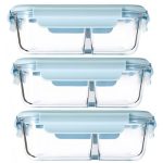 3pc X 1000ml Glass Food Storage Lunch Box,Strong Grip Seal - 2 Compartments