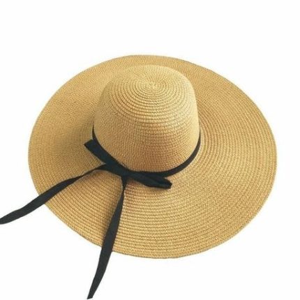 Women's Wide Brim Straw Sun Hat with Ribbon Bow