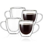 4Pcs Clear Coffee Cups Set 150ml Double Wall Glass Coffee Mugs with Handle