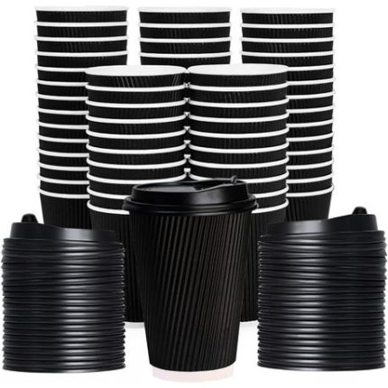 Disposable Ripple Paper Cups with Lids - 50 Pack - 350 ml