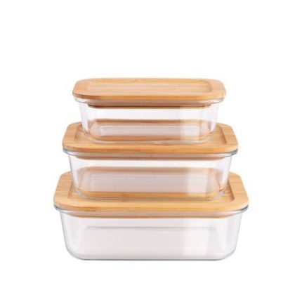 Multi-Size Borosilicate Glass Rectangular Lunch Box with Bamboo Lid - Set of 3