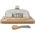 Clear Glass Covered Butter Bamboo Container/Tray with Knife