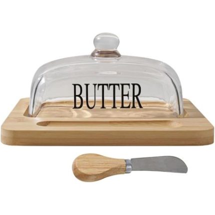 Clear Glass Covered Butter Bamboo Container/Tray with Knife