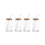 Can Shaped Beverage Glasses With Wooden Lids And Straws 480ml - Set of 4