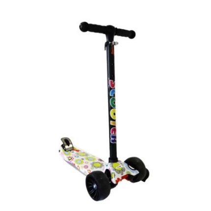 Kids T-Bar Scooter With Light Up Wheels & Back Brake Pedal - Green Flower Pattern
