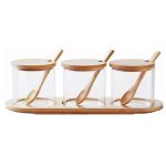 3 Piece Spice Organizer Glass Spice Jar with Bamboo Lid, Spoons & Tray