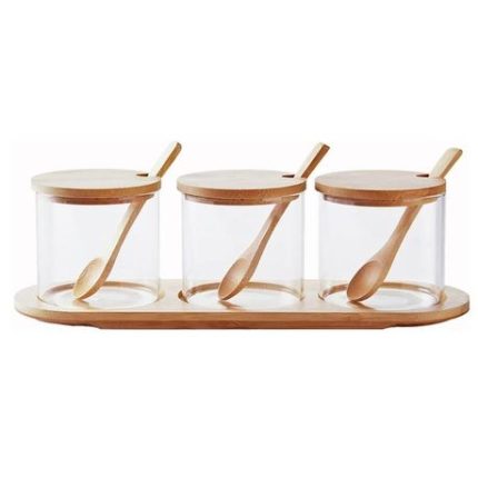 3 Piece Spice Organizer Glass Spice Jar with Bamboo Lid, Spoons & Tray