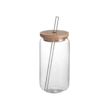 Clear Glass Drinking Can Shape Bottle with Bamboo Lid and Glass straw - 15 cm