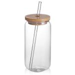 Beer Can Shaped Glass Bottle with Bamboo Lid and Glass Straw - 550ml