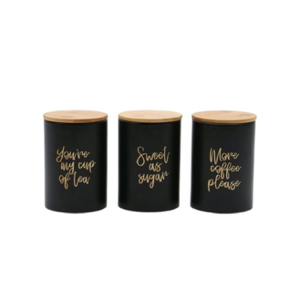 Black Scripted Set Of 3 Canisters