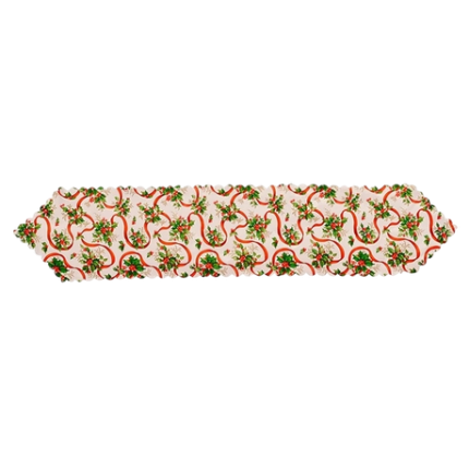 Red Ribbon & Holly Berry Leaf Christmas Table Runner - 33x180cm