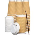 Insulated Ripple Paper Hot Coffee Cups With Lids and Straws - 50 Pack - 500 ml