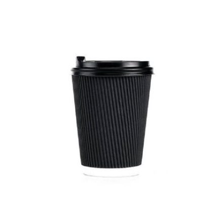 Black Ripple Disposable Coffee Cups with Lids (Pack of 50)