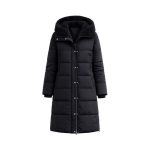 Women's Long Black Puffer Jacket with Faux Fur Collar - L