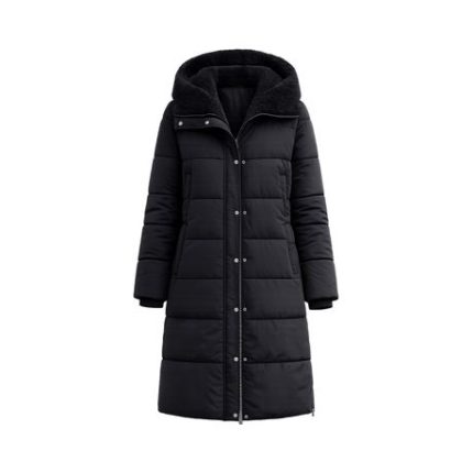 Women's Long Black Puffer Jacket with Faux Fur Collar - L