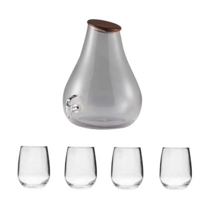 3L Glass Drink Dispenser With Acacia Wood Lid and Glass Tumblers - 5 Piece