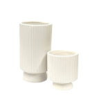 White Cylinder Ribbed Pot On Foot - Set Of 2