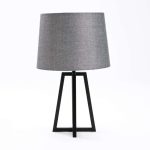Table Lamp Black Metal Base Grey Fabric Shade