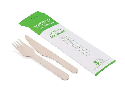 image_512 Picnic Set - 16cm Birchwood Cutlery | Knife & Fork | Wrapped BioAfrica | 500's - Image 1